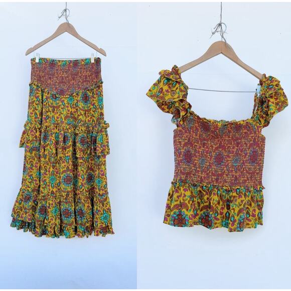 House Of Harlow 1960 Set Maxi Skirt Smocked Tiered Ruffles‎ Yellow Tropical